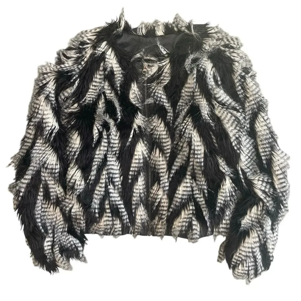 Leith Black and White Faux Fur Feathered Jacket - Picture 3 of 4